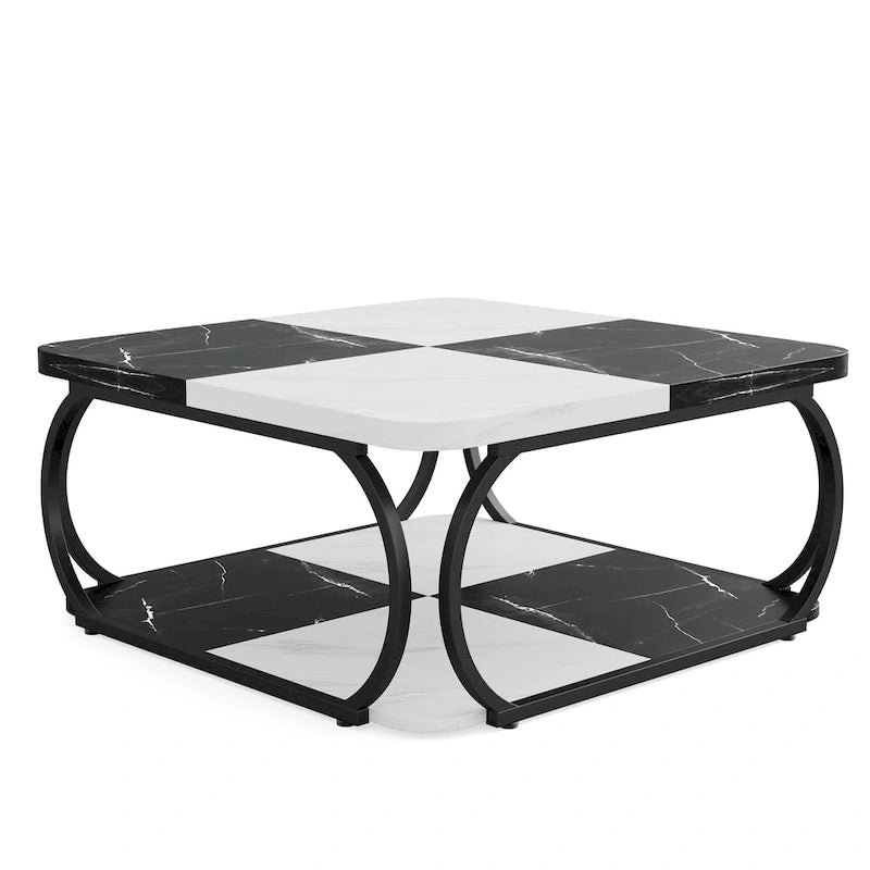39 Inche 2-Tier Square Coffee Table with Metal Frame for Living Room