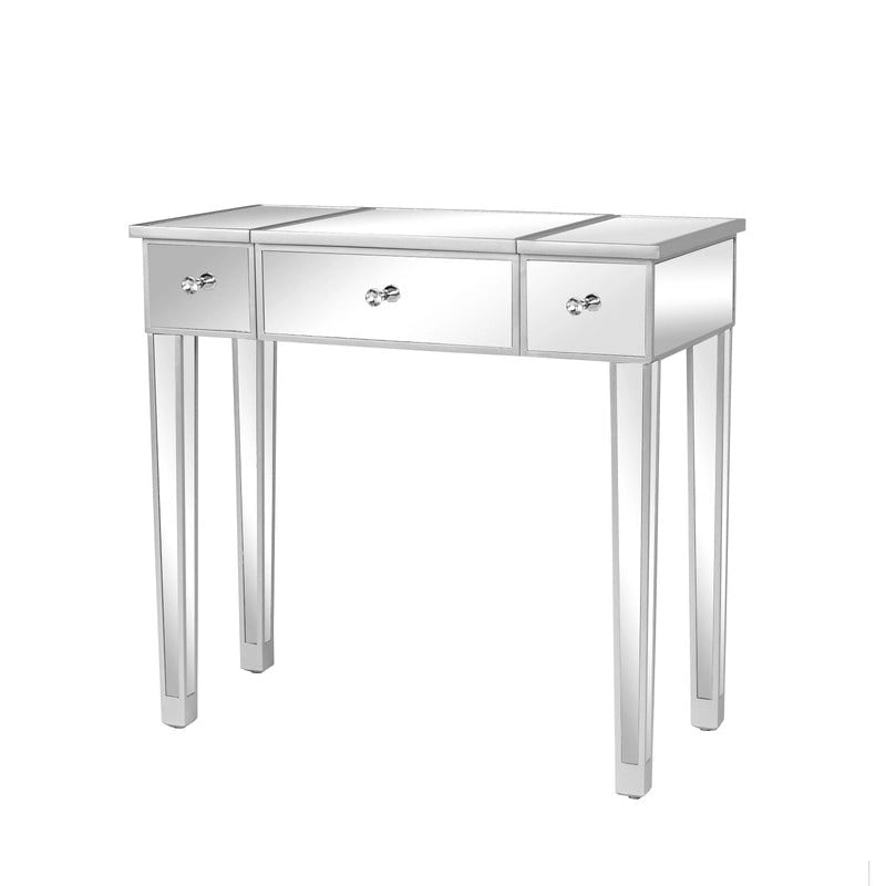 Mirrored Surface 1 Drawer Flip-up Desktop Writing Desk Vanity Desk Silver