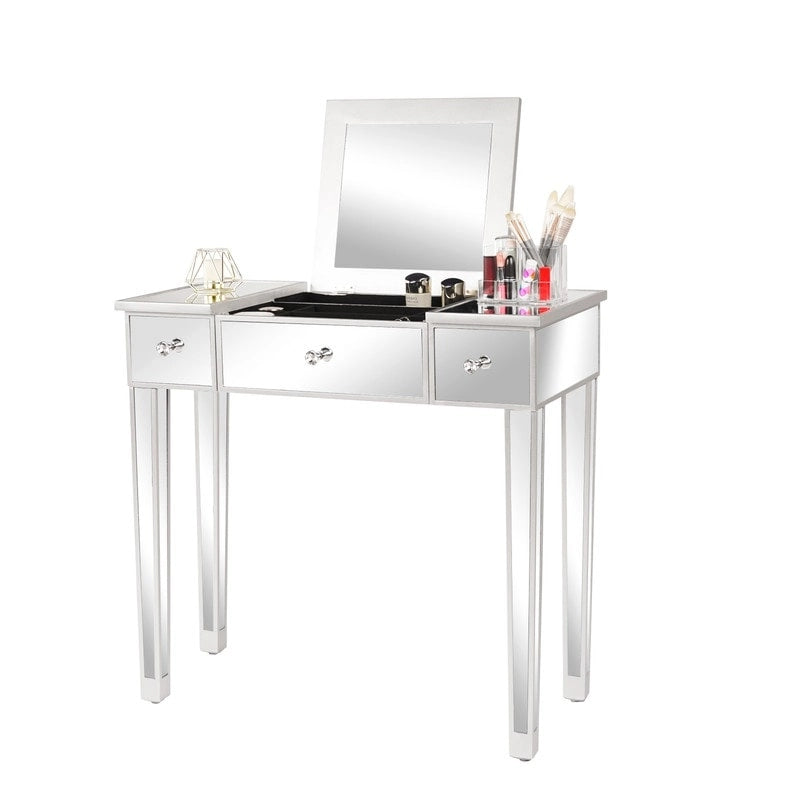 Mirrored Surface 1 Drawer Flip-up Desktop Writing Desk Vanity Desk Silver