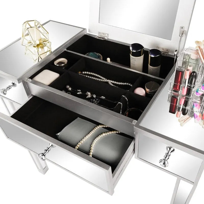 Mirrored Surface 1 Drawer Flip-up Desktop Writing Desk Vanity Desk Silver
