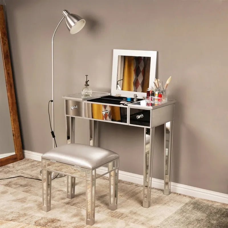 Mirrored Surface 1 Drawer Flip-up Desktop Writing Desk Vanity Desk Silver