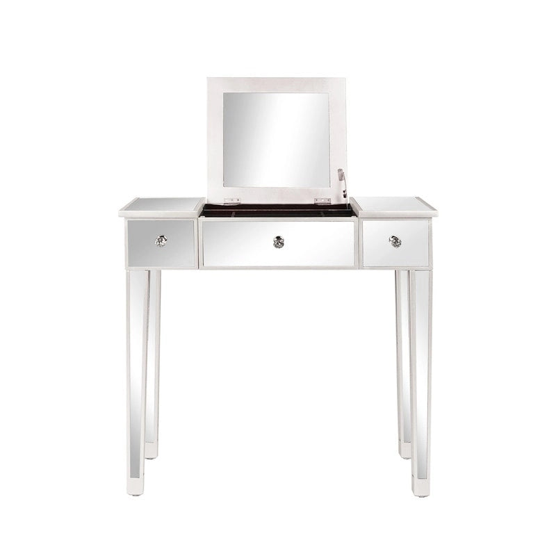 Mirrored Surface 1 Drawer Flip-up Desktop Writing Desk Vanity Desk Silver