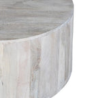 36 Inch Coffee Table, Handcrafted Drum Shape, Washed White Mango Wood