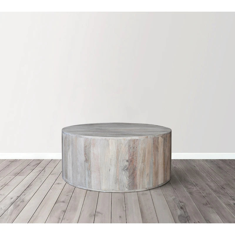 36 Inch Coffee Table, Handcrafted Drum Shape, Washed White Mango Wood