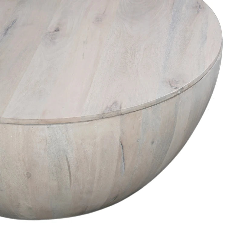 37 Inch Round Coffee Table, Handcrafted Drum Shape with Storage, Washed White Mango Wood
