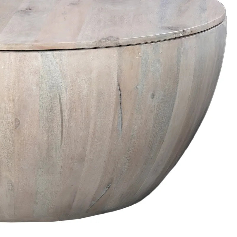 37 Inch Round Coffee Table, Handcrafted Drum Shape with Storage, Washed White Mango Wood