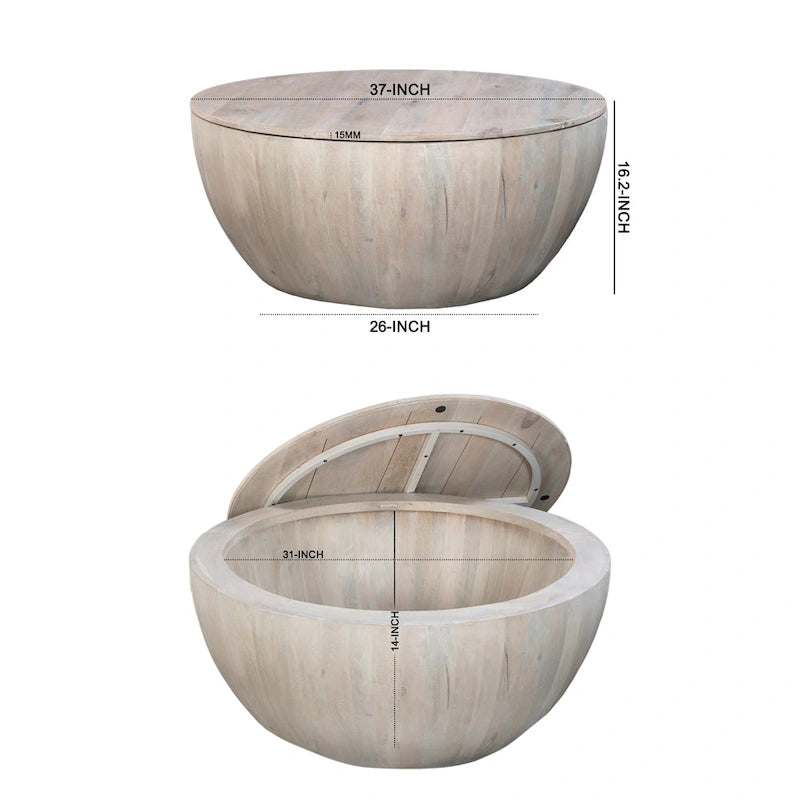 37 Inch Round Coffee Table, Handcrafted Drum Shape with Storage, Washed White Mango Wood