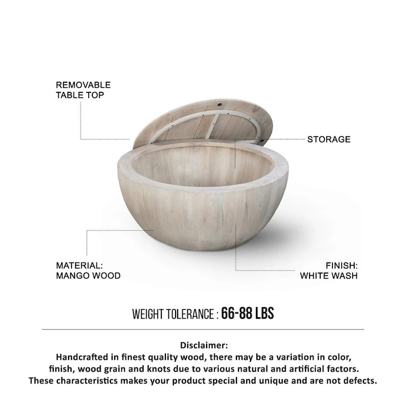 37 Inch Round Coffee Table, Handcrafted Drum Shape with Storage, Washed White Mango Wood