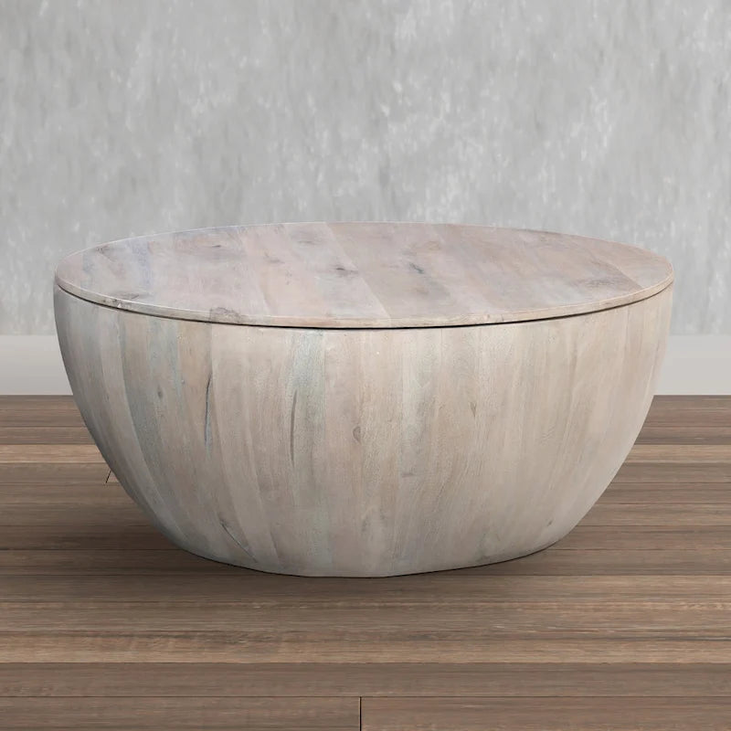 37 Inch Round Coffee Table, Handcrafted Drum Shape with Storage, Washed White Mango Wood