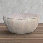 37 Inch Round Coffee Table, Handcrafted Drum Shape with Storage, Washed White Mango Wood