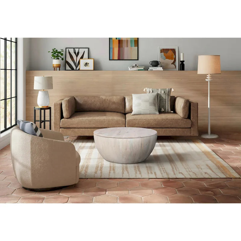 37 Inch Round Coffee Table, Handcrafted Drum Shape with Storage, Washed White Mango Wood