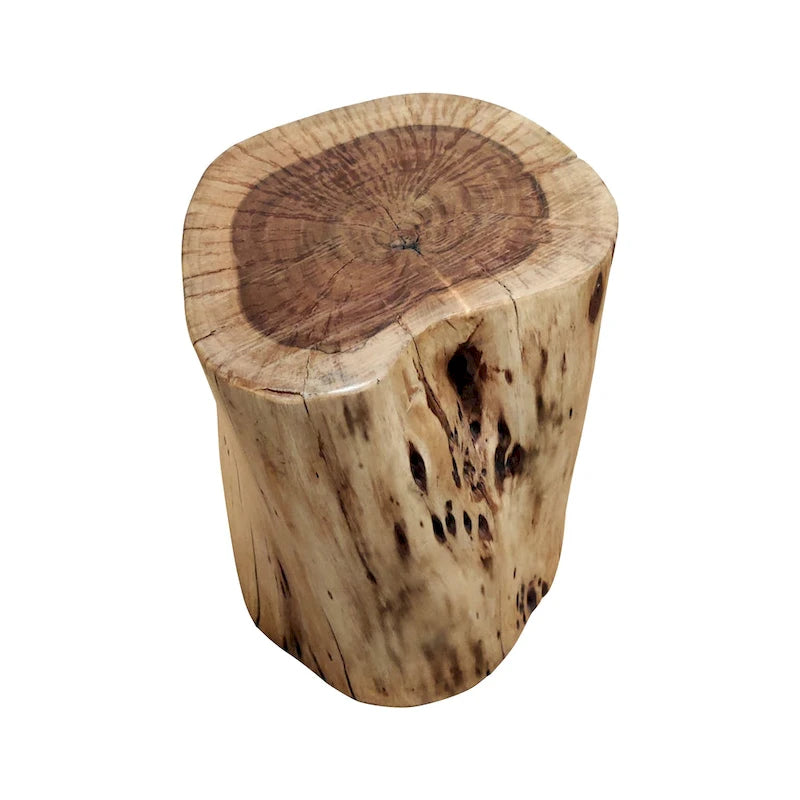 17 Inch Accent Stump Stool End Table, Live Edge Acacia Wood Log with Grain and Knot Details, Natural Brown