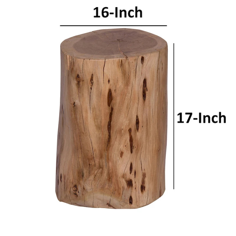 17 Inch Accent Stump Stool End Table, Live Edge Acacia Wood Log with Grain and Knot Details, Natural Brown