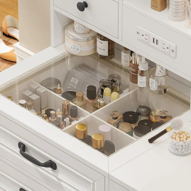 Vanity Desk Set 10 Hollywood Lights Mirror Bench Charging Station