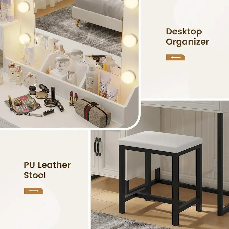 Vanity Desk Set 10 Hollywood Lights Mirror Bench Charging Station