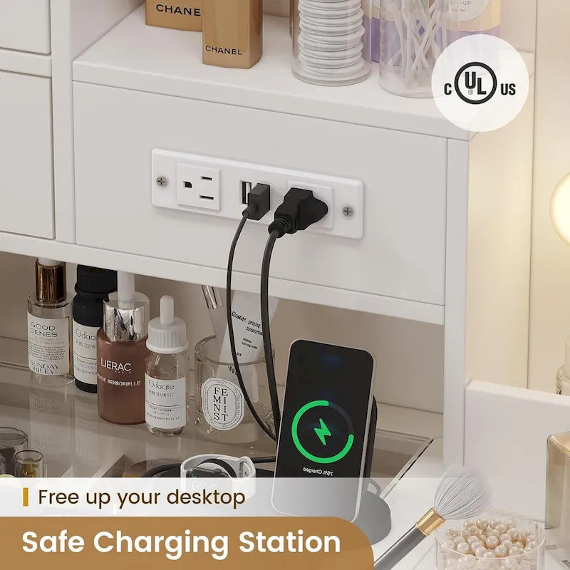 Vanity Desk Set 10 Hollywood Lights Mirror Bench Charging Station