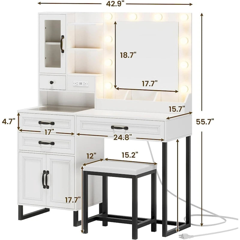 Vanity Desk Set 10 Hollywood Lights Mirror Bench Charging Station