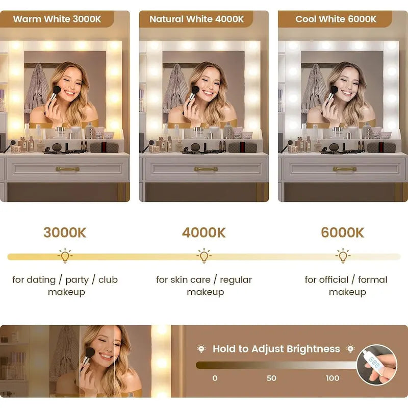 Vanity Desk Set 10 Hollywood Lights Mirror Bench Charging Station