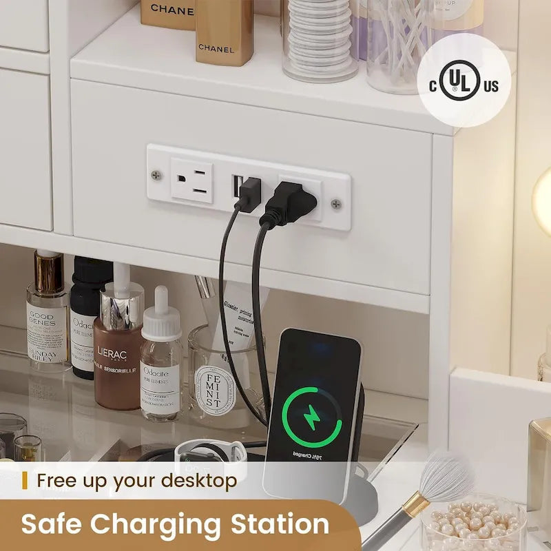 Vanity Desk Set 10 Hollywood Lights Mirror Bench Charging Station