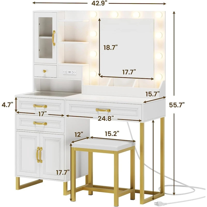 Vanity Desk Set 10 Hollywood Lights Mirror Bench Charging Station