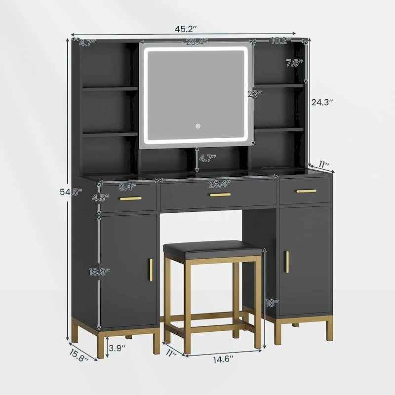 Makeup Vanity Set with Lights in 3 Colors Glass Desktop