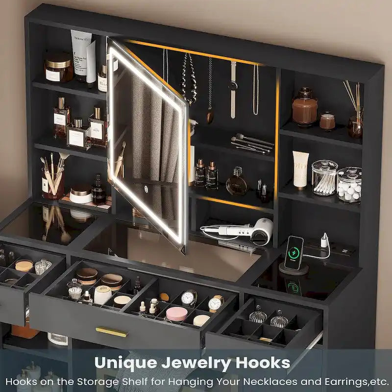 Makeup Vanity Set with Lights in 3 Colors Glass Desktop