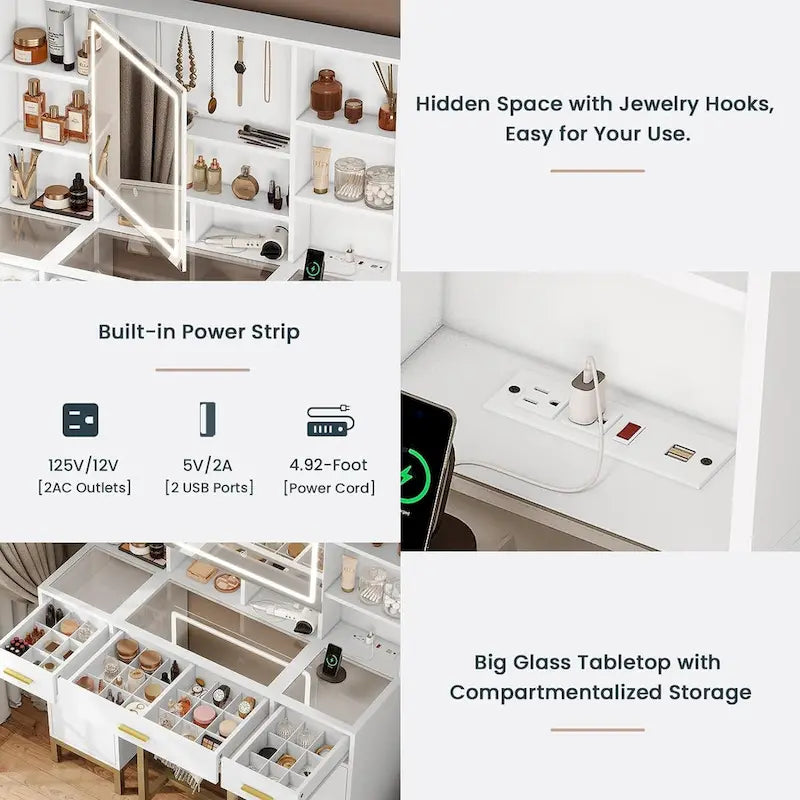 Makeup Vanity Set with Lights in 3 Colors Glass Desktop