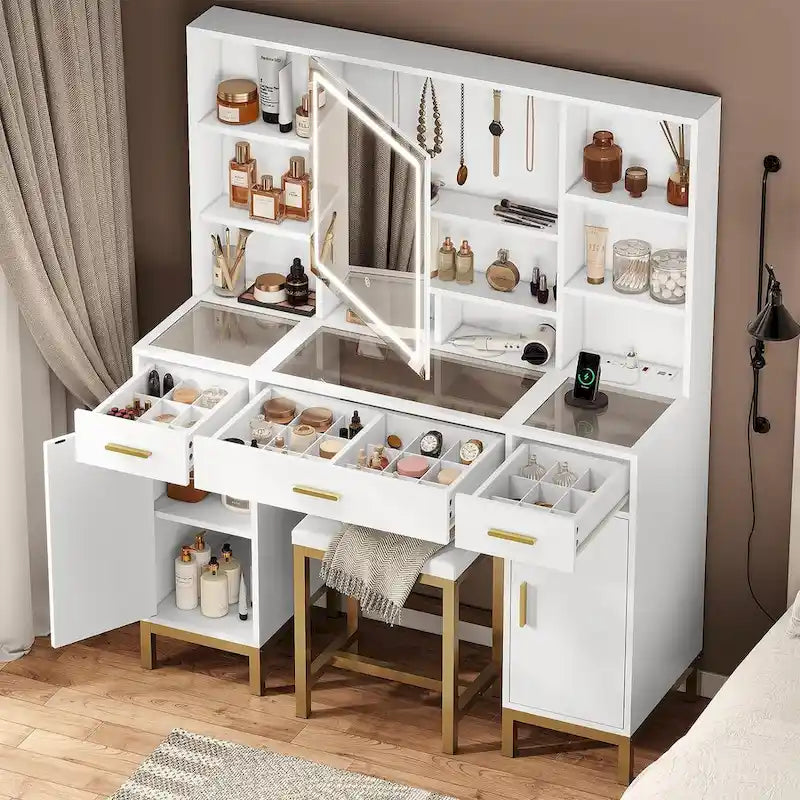 Makeup Vanity Set with Lights in 3 Colors Glass Desktop