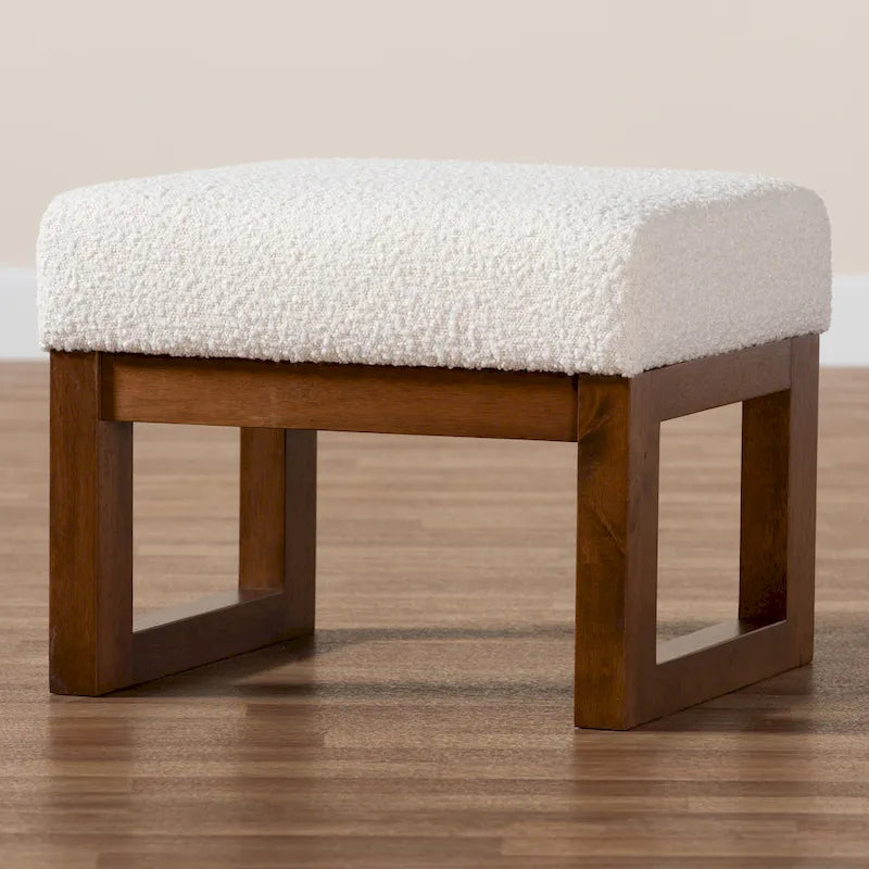 Yashiya Mid-Century Modern Off-White Boucle Upholstered and Walnut Brown Finished Wood Ottoman Footstool