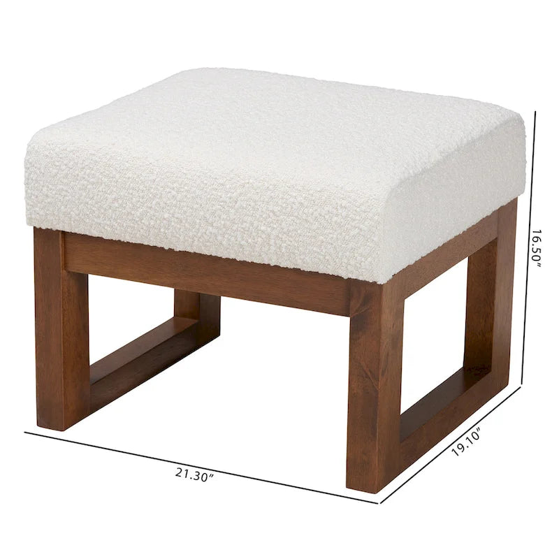 Yashiya Mid-Century Modern Off-White Boucle Upholstered and Walnut Brown Finished Wood Ottoman Footstool