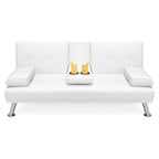 White Faux Leather Convertible Sofa Futon with 2 Cup Holders