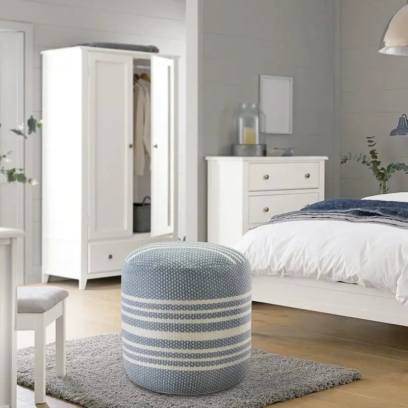 20 Blue and White Striped Round Pouf Ottoman