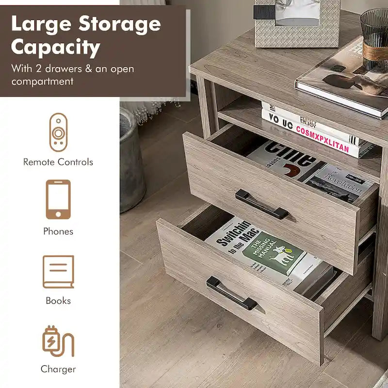 Costway Nightstand Drawers Rustic Side End Table Storage Compartment - 21.5 x 17 x 23