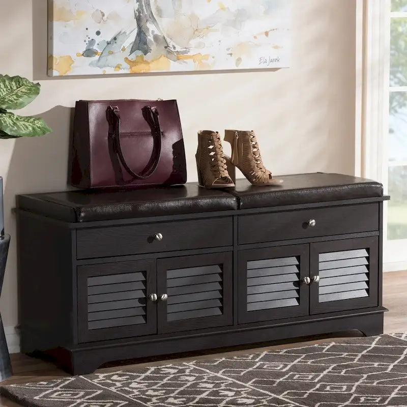 Leo Modern and Contemporary Dark Brown Wood 2-Drawer Shoe Storage Bench - 20.67 High x 47.44 Wide x 15.65 Deep