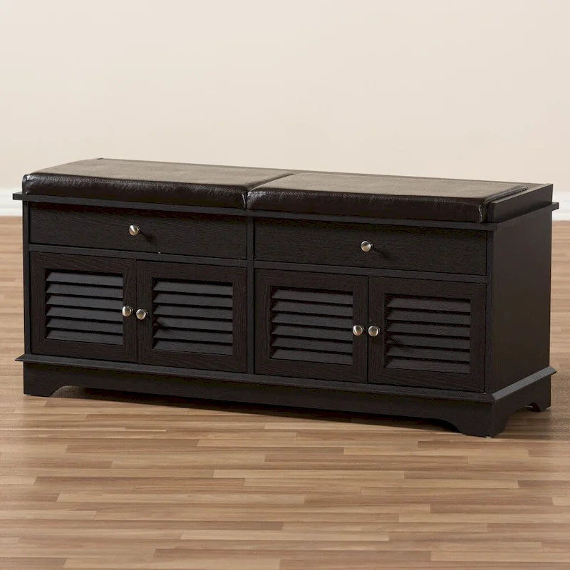 Leo Modern and Contemporary Dark Brown Wood 2-Drawer Shoe Storage Bench - 20.67 High x 47.44 Wide x 15.65 Deep