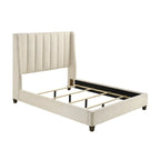 Aegis Queen Size Bed, Wingback, Channel Tufted, Cream Beige Upholstery