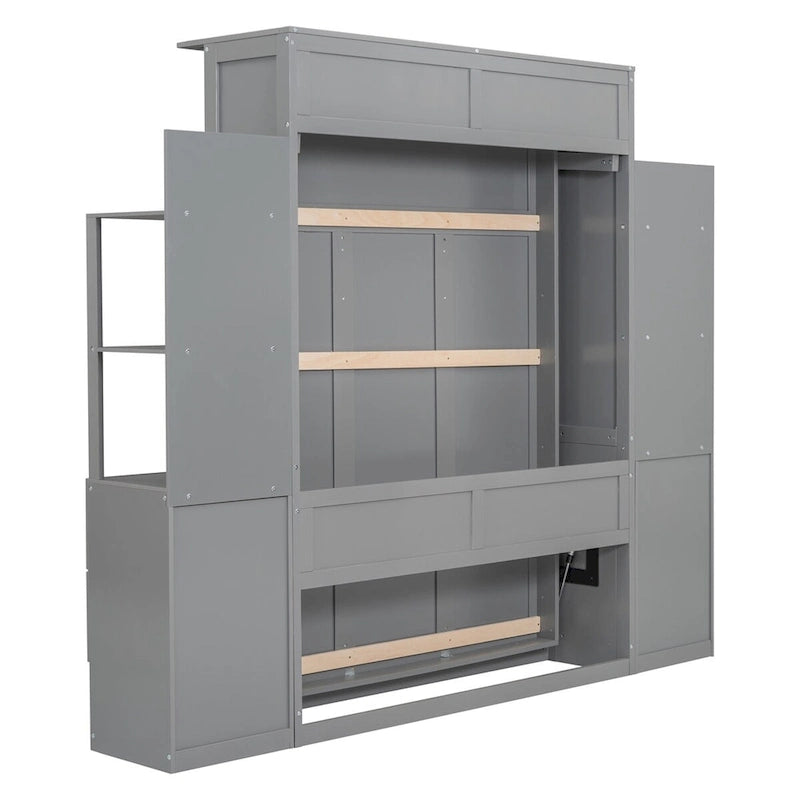 Full Size Murphy Bed Wall Bed with Shelves,Drawers and LED Lights