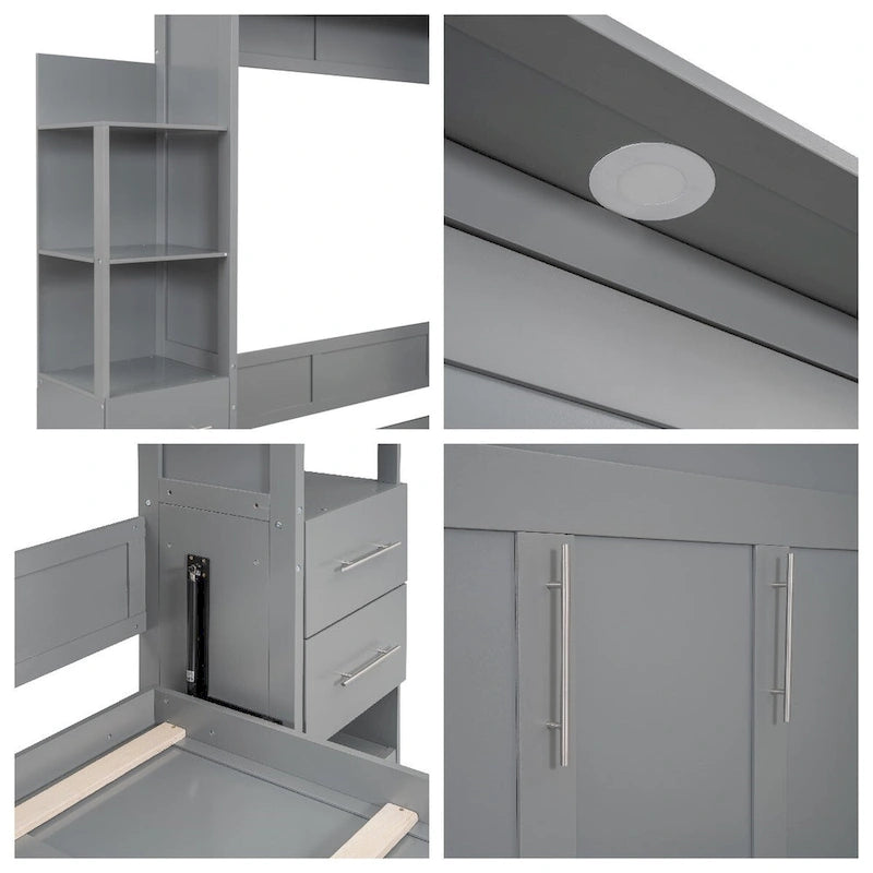 Full Size Murphy Bed Wall Bed with Shelves,Drawers and LED Lights