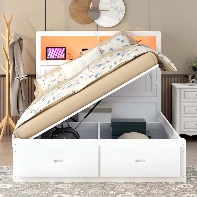 Wood Queen Size Hydraulic Platform Bed with Storage LED Headboard