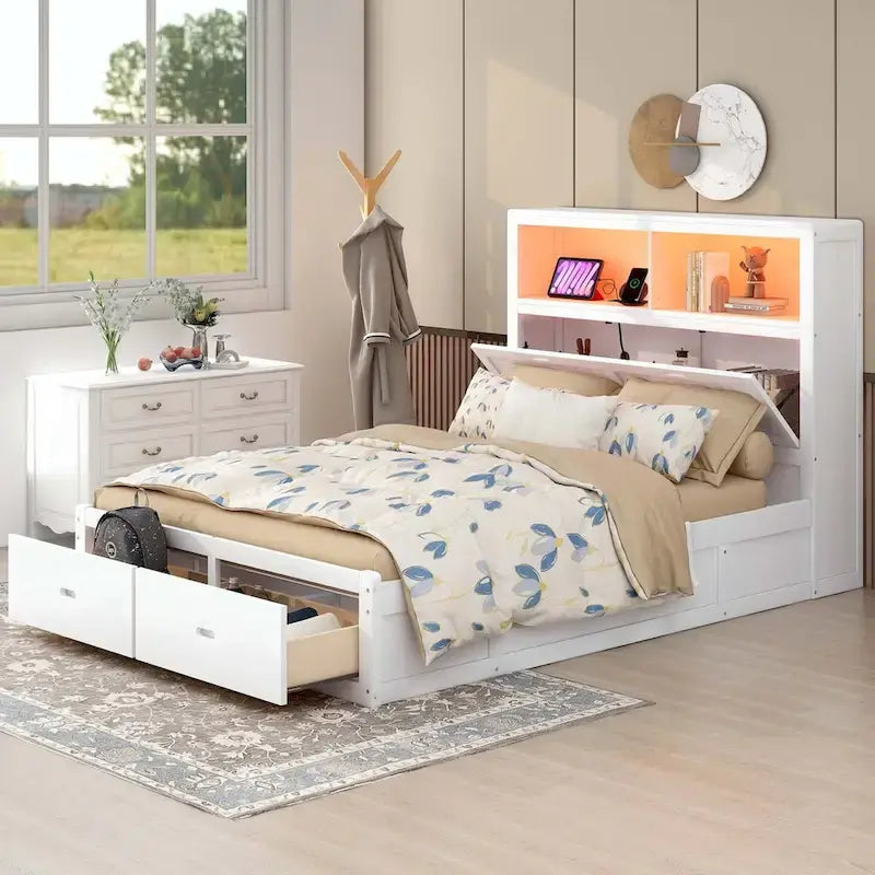 Wood Queen Size Hydraulic Platform Bed with Storage LED Headboard
