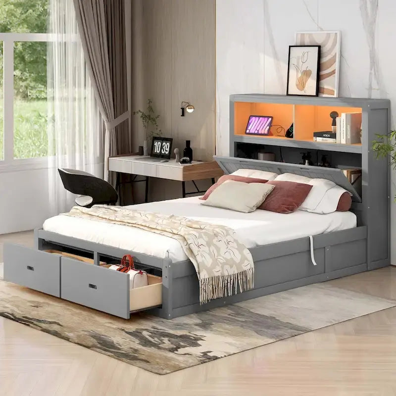 Wood Queen Size Hydraulic Platform Bed with Storage LED Headboard