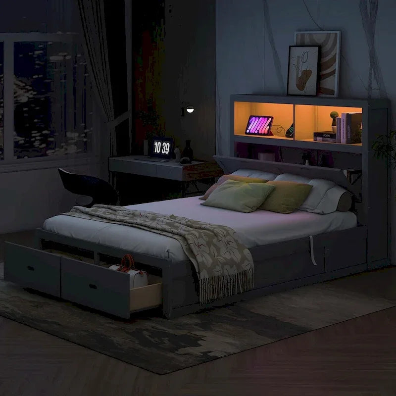 Wood Queen Size Hydraulic Platform Bed with Storage LED Headboard