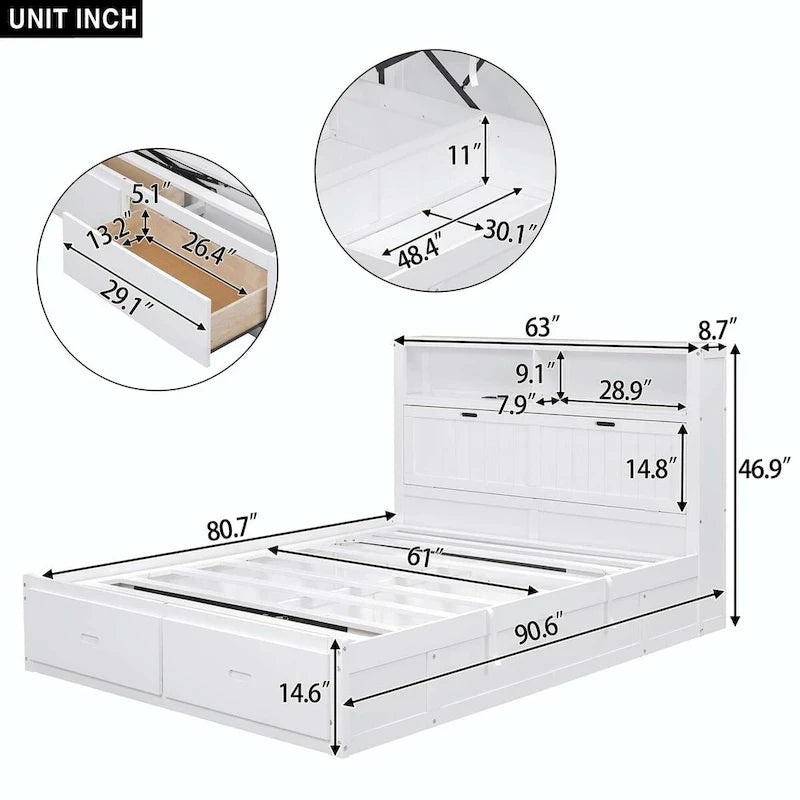 Wood Queen Size Hydraulic Platform Bed with Storage LED Headboard
