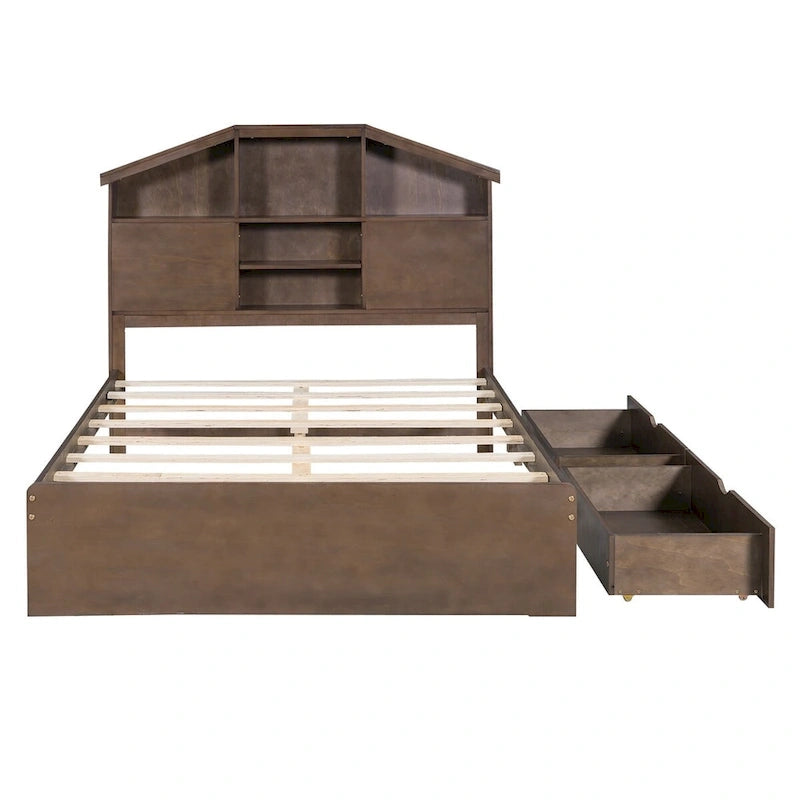 Wood Platform Bed with House-shaped Storage Headboard and 2 Drawer