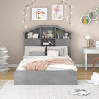 Wood Platform Bed with House-shaped Storage Headboard and 2 Drawer