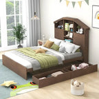 Wood Platform Bed with House-shaped Storage Headboard and 2 Drawer