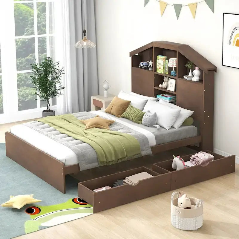 Wood Platform Bed with House-shaped Storage Headboard and 2 Drawer