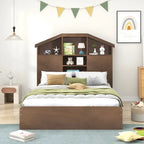 Wood Platform Bed with House-shaped Storage Headboard and 2 Drawer