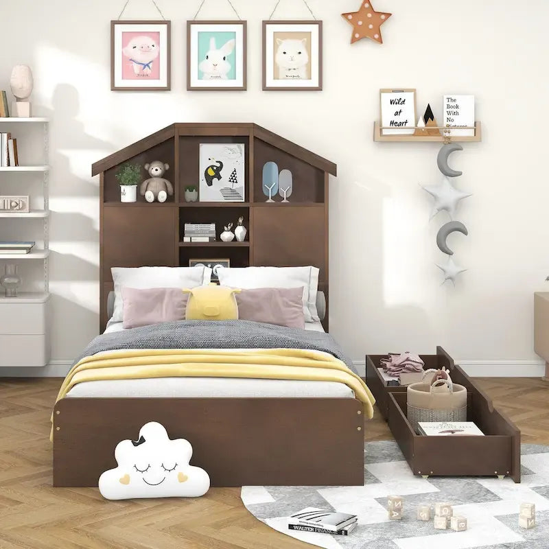Wood Platform Bed with House-shaped Storage Headboard and 2 Drawer