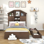 Wood Platform Bed with House-shaped Storage Headboard and 2 Drawer